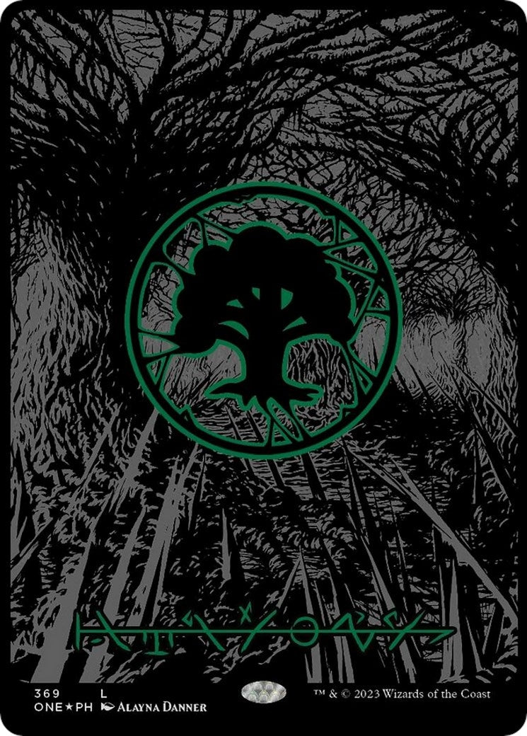 Forest (Phyrexian) - Full Art (Oil Slick Raised Foil) (369) (ONE)