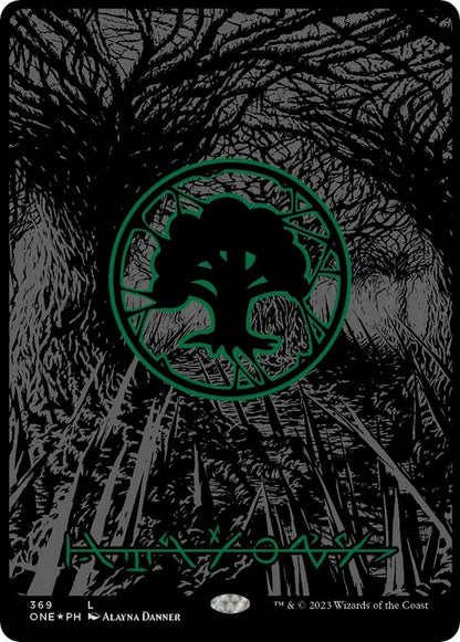 Forest (Phyrexian) - Full Art (Oil Slick Raised Foil) (369) (ONE)
